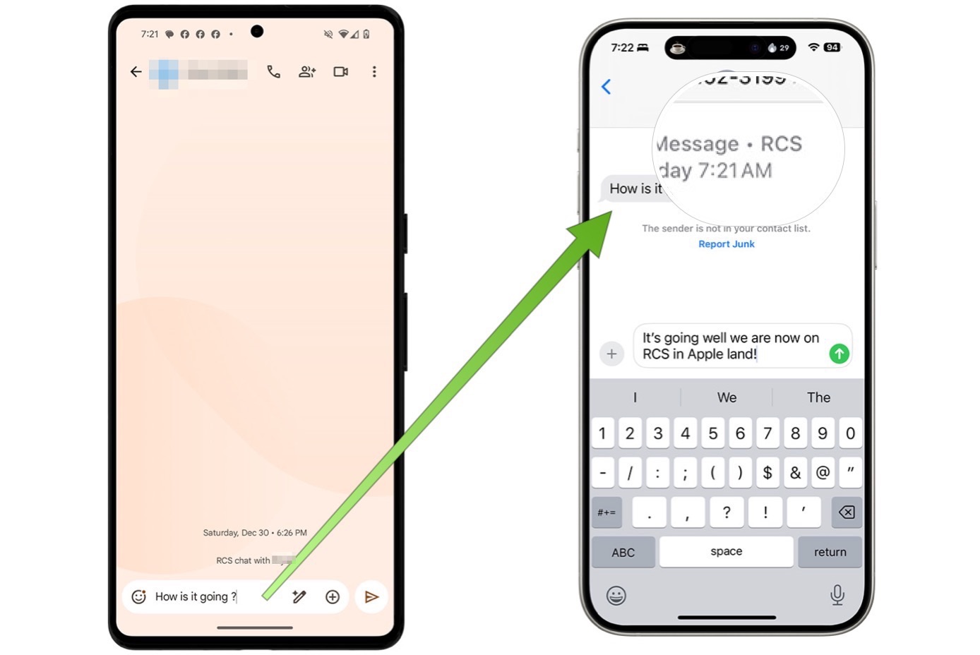 Captures d'écran confirmant que les utilisateurs d'Android et d'iPhone envoient des SMS via RCS.