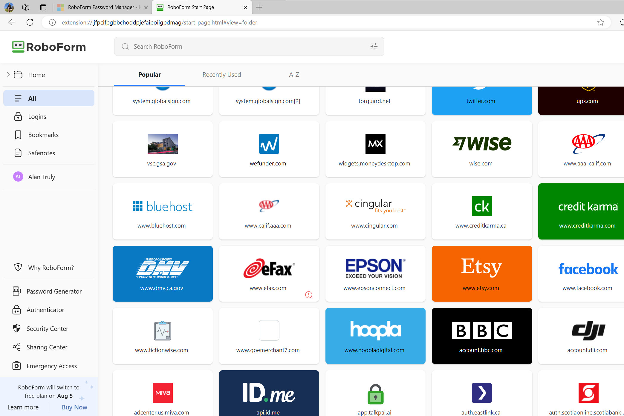 RoboForm's user interface is bold and friendly, showing logos for most websites.