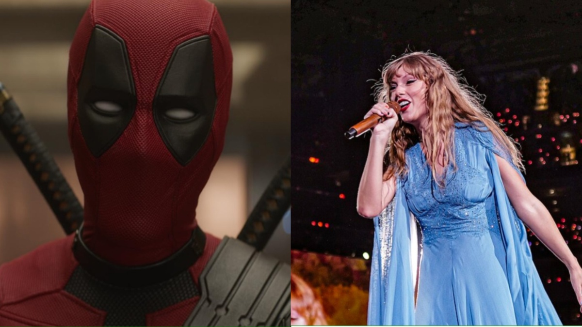 Deadpool olha para a esquerda enquanto Taylor Swift canta à direita.