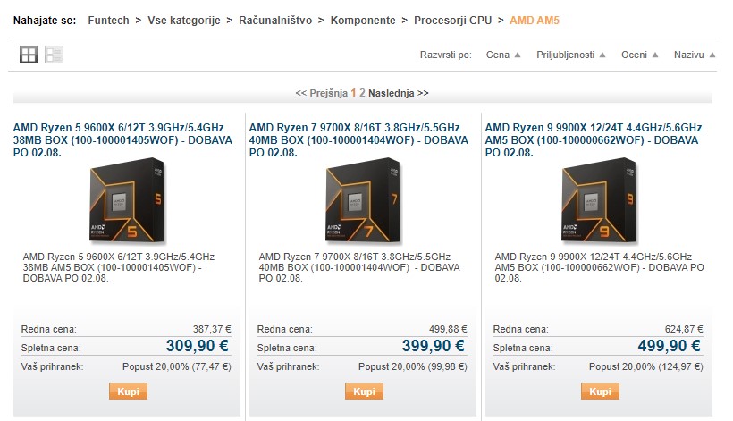 AMD Ryzen 9000 a la venta en Funtech, un minorista esloveno.