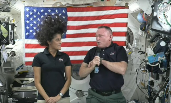 NASA’s Boeing Starliner Crew Flight Test astronauts Butch Wilmore and Suni Williams giving an interview on board the International Space Station on Wednesday July 10.