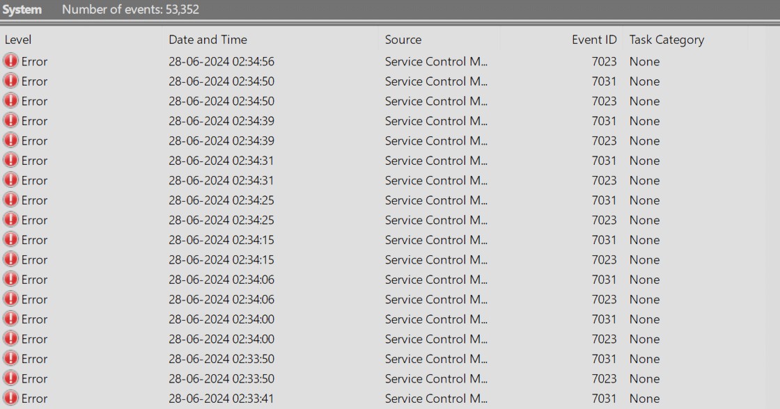 Event Viewer log for a faulty Intel CPU.