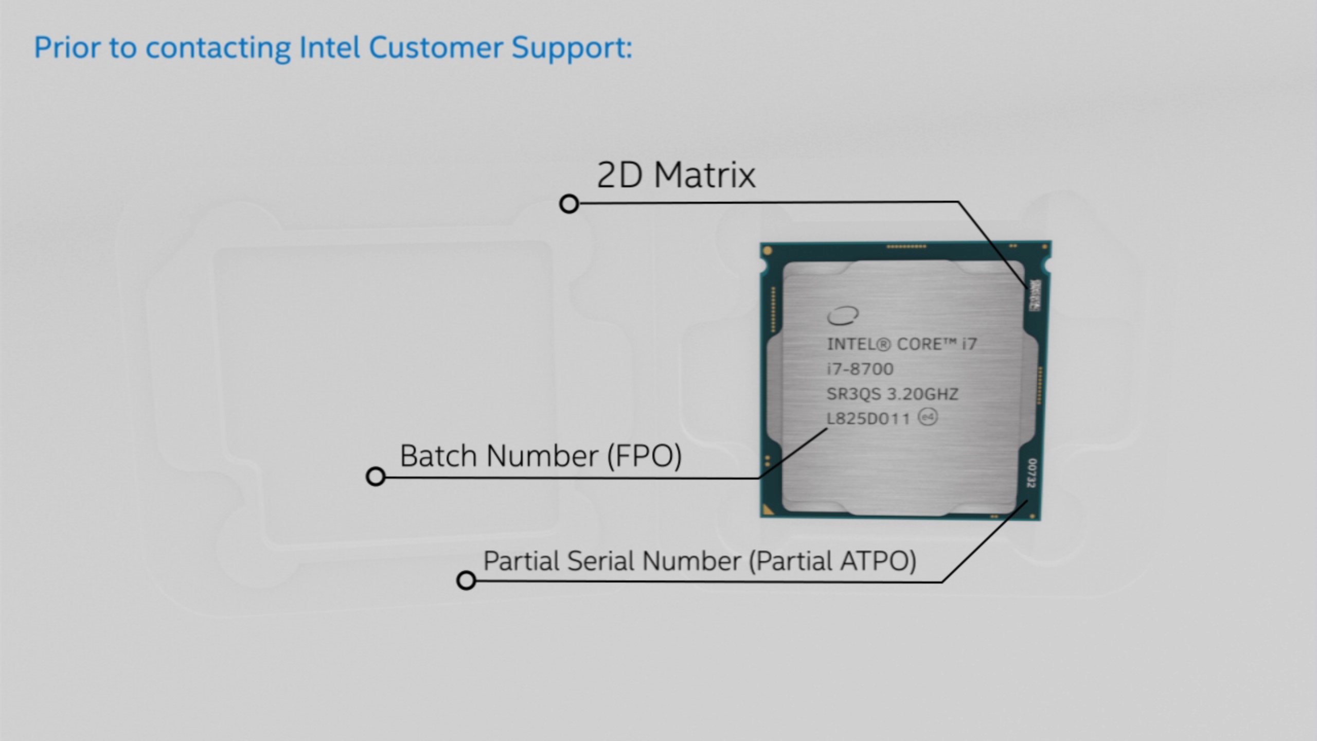 Where to find the serial number and the batch number for an Intel CPU.