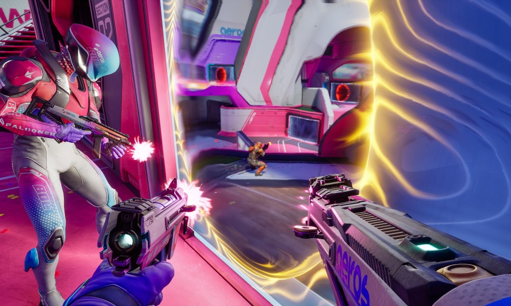 A character in pink armor and a player character with two guns pointing towards a yellow portal in Splitgate 2.