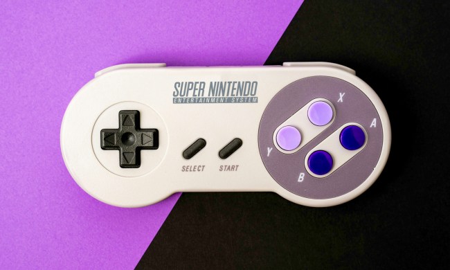 A Super Nintendo Controller on a purple and black background.