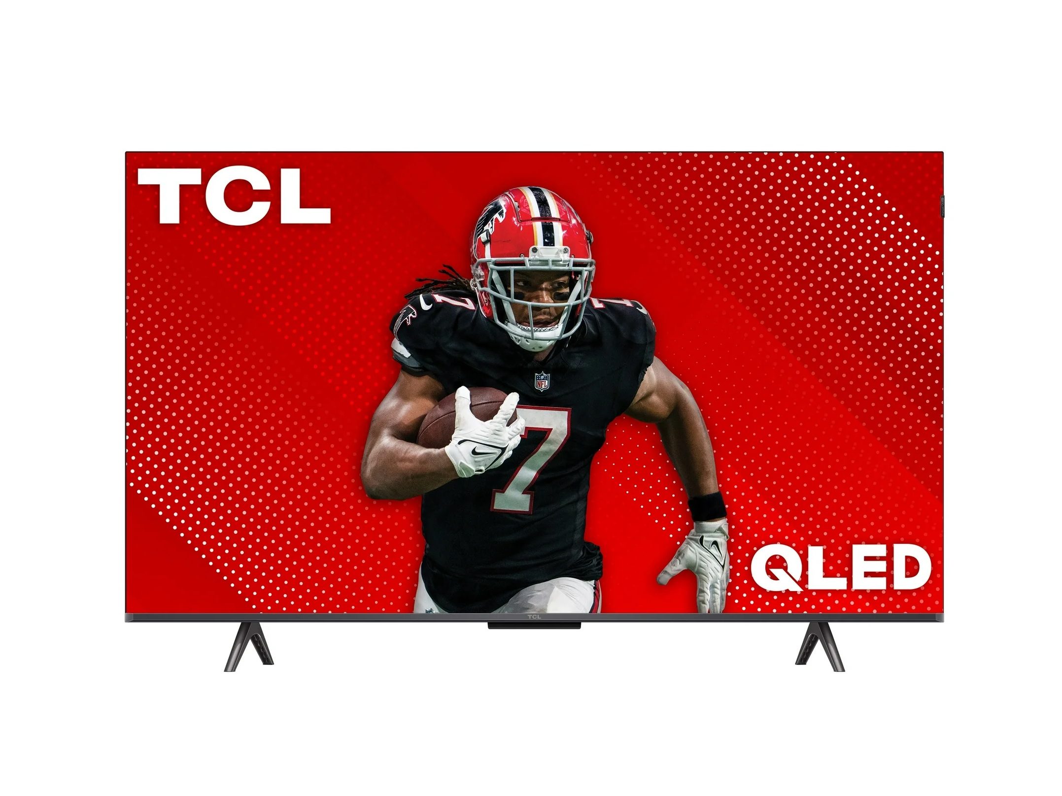 A football player shown on a TCL 43-inch 4K QLED Google TV.