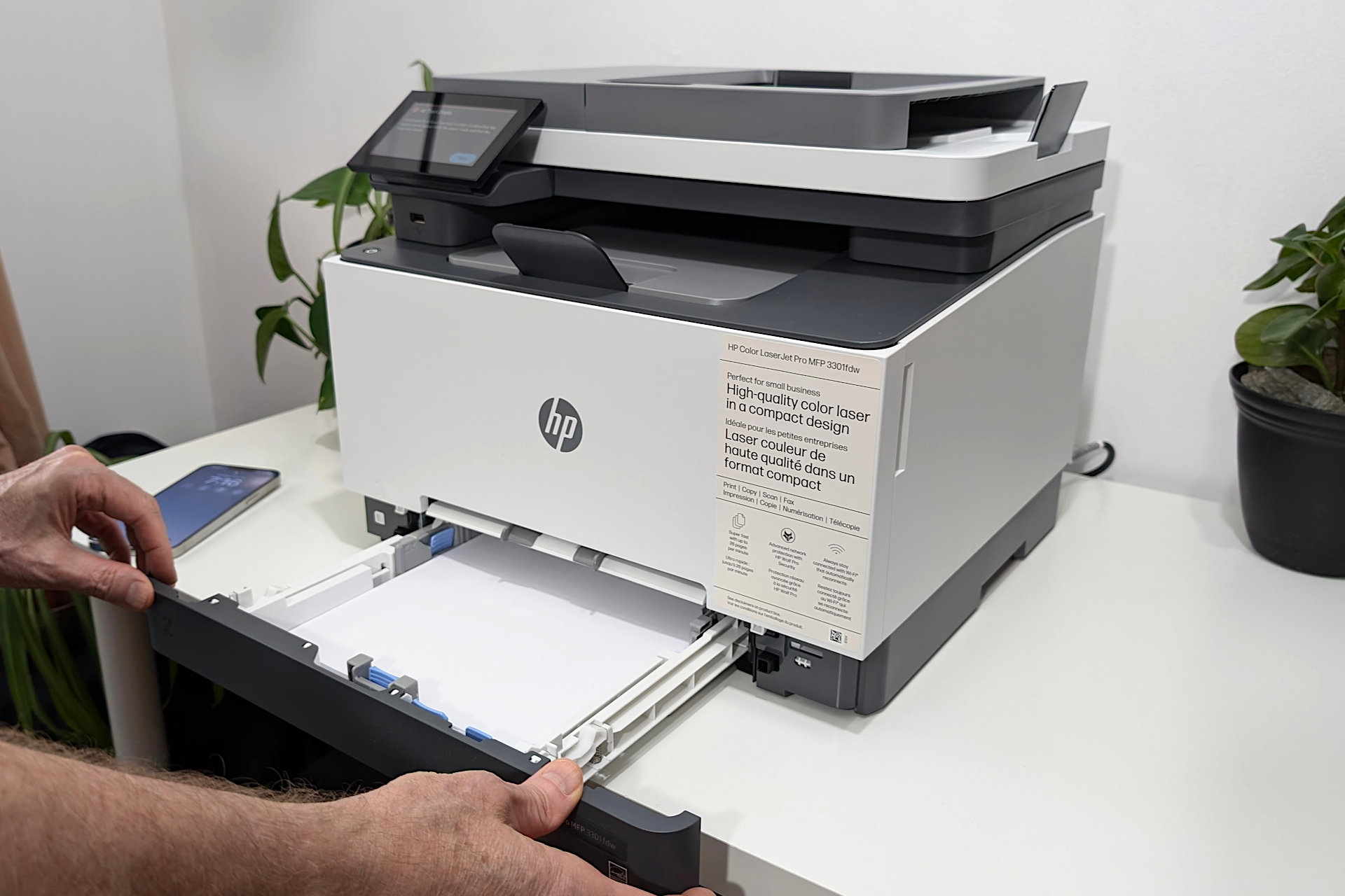 The overall design of the Color LaserJet Pro MFP 3301fdw is good, but the media tray is just a slot.