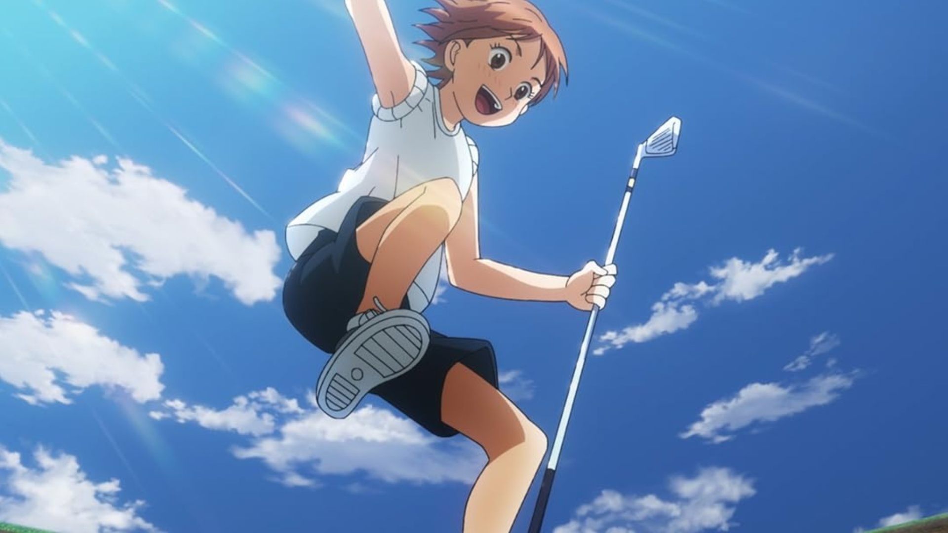 The protagonist of Tonbo! jumping in the air holding her golf club.