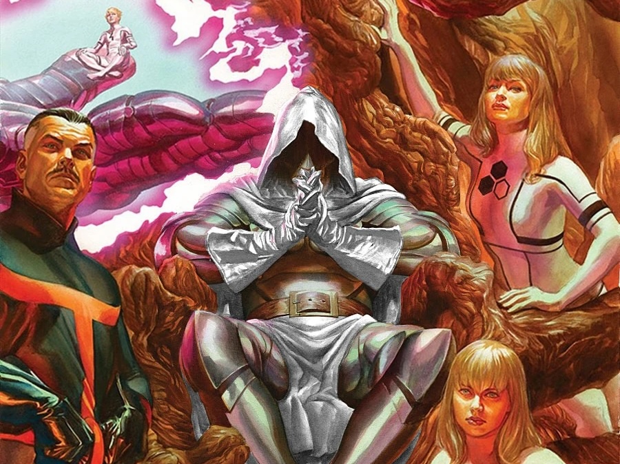 God Emperor Doom, Sheriff Stranger, Valeria Richard y Sue Storm en el arte de "Secret Wars Vol. 1 #4".