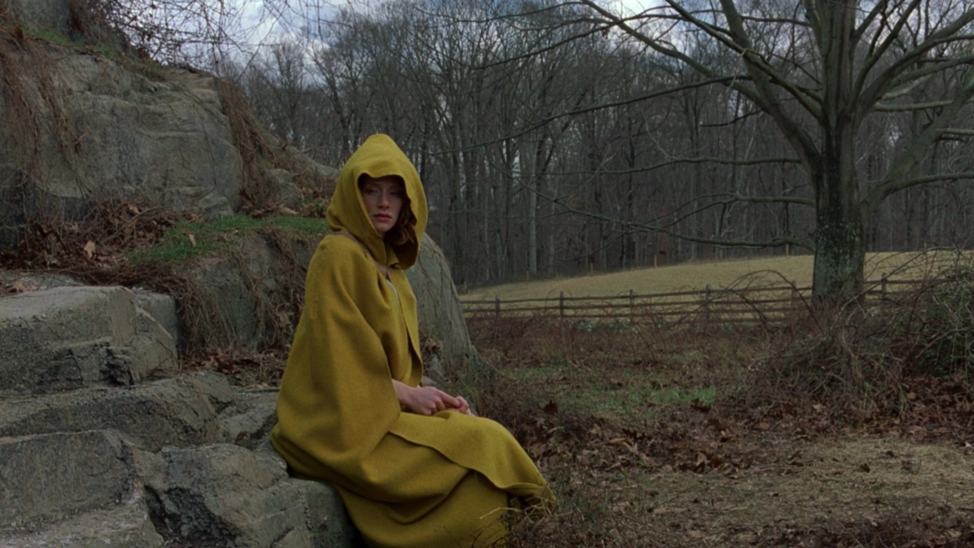 Bryce Dallas Howard está sentado em um tronco, vestindo um manto amarelo com capuz, em uma foto do filme The Village.