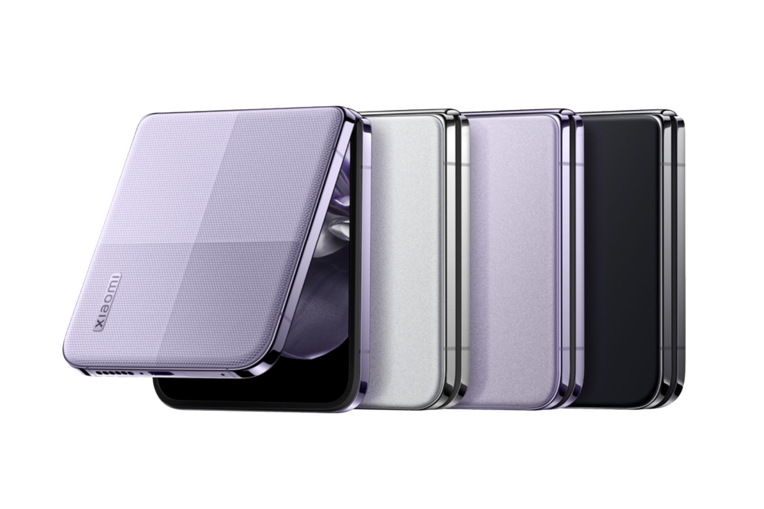 Teléfono plegable Xiaomi Mix Flip en colores morado, blanco y negro.