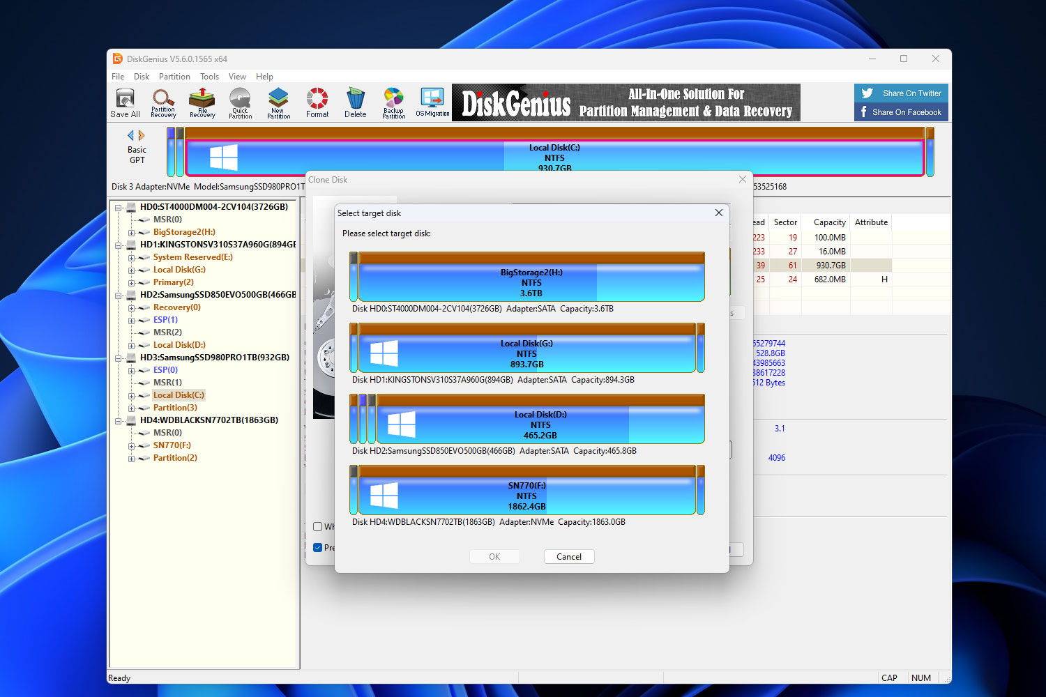 Selecting destination drive in Disk Genius.