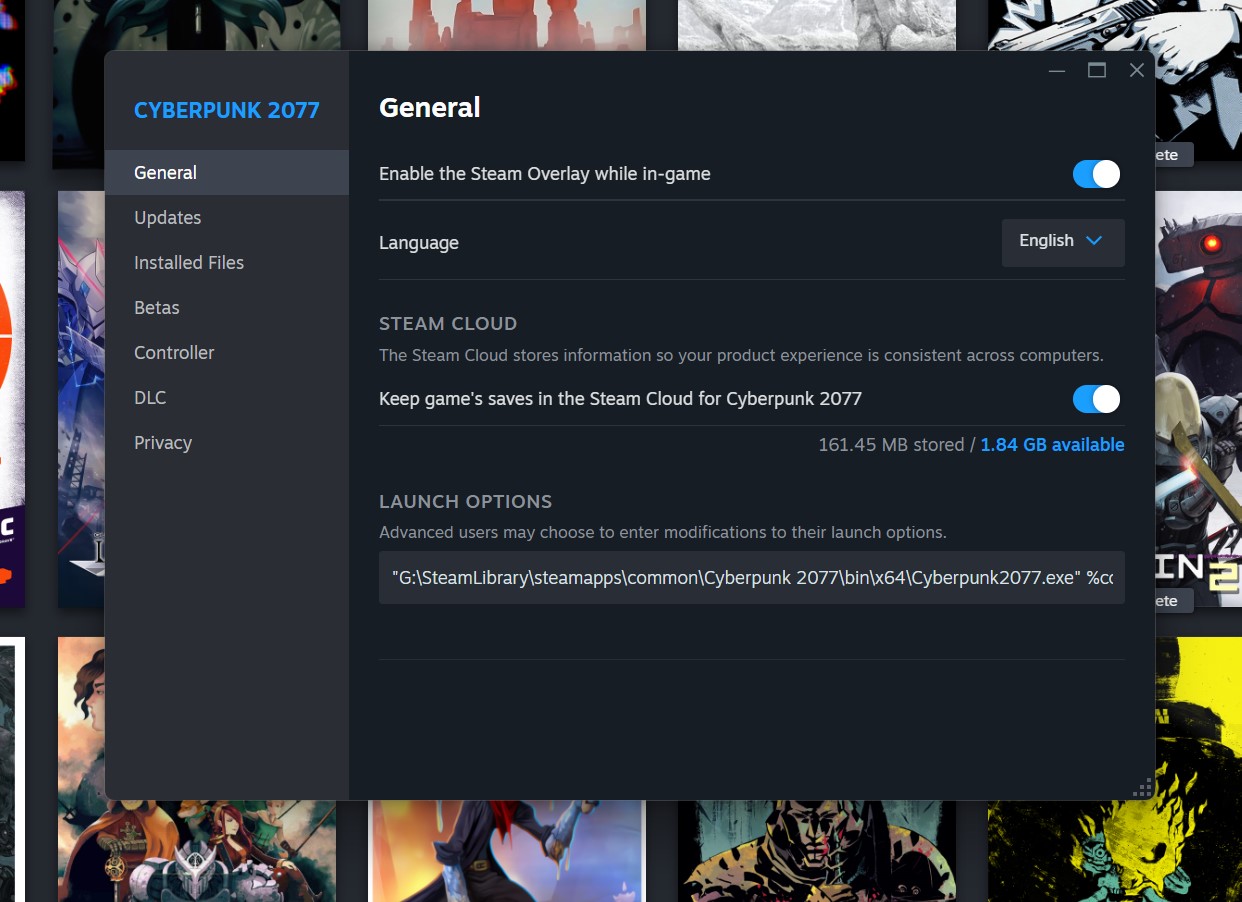 Custom launch options for Cyberpunk 2077 in Steam.