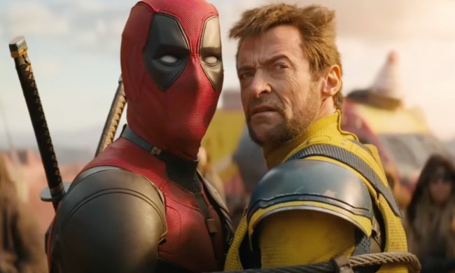 Two men stand close to each other in Deadpool & Wolverine.