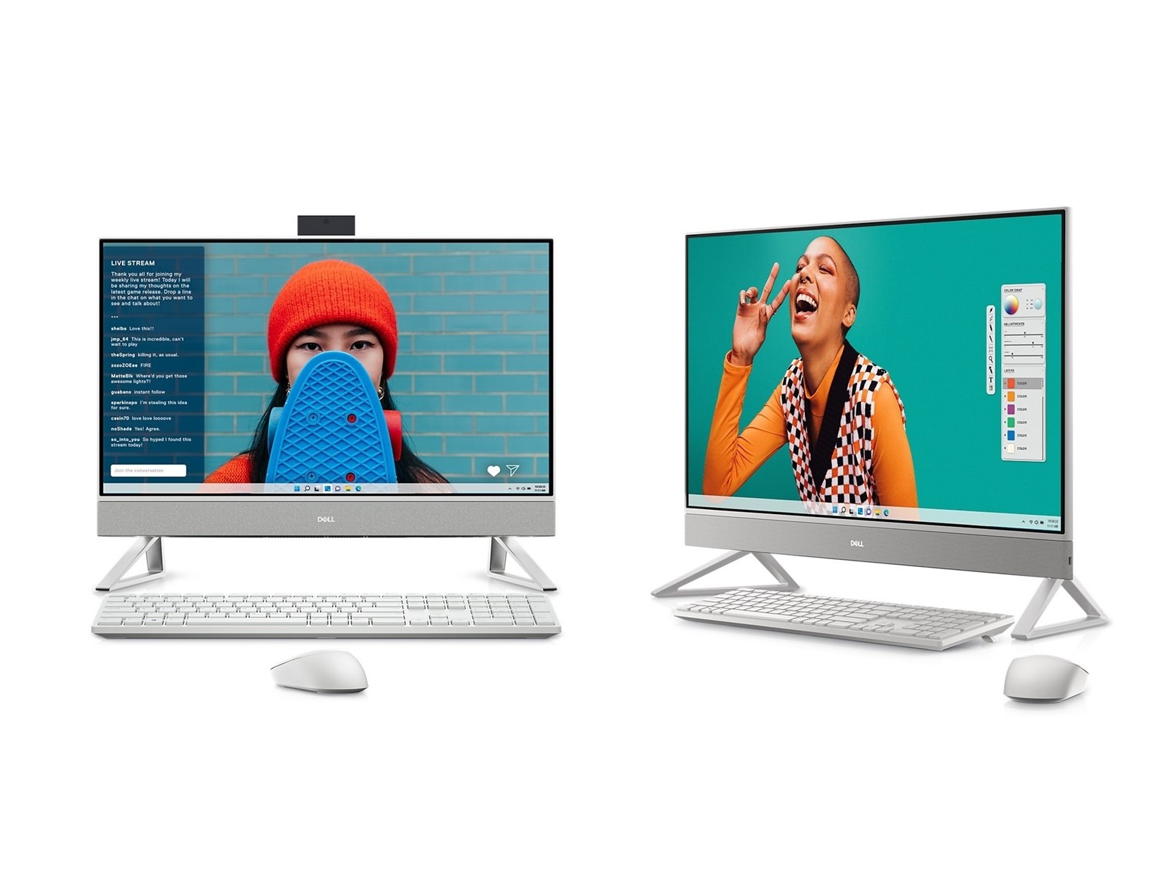 Two Dell Inspiron 27 All-in-One PCs side by side on a white background.