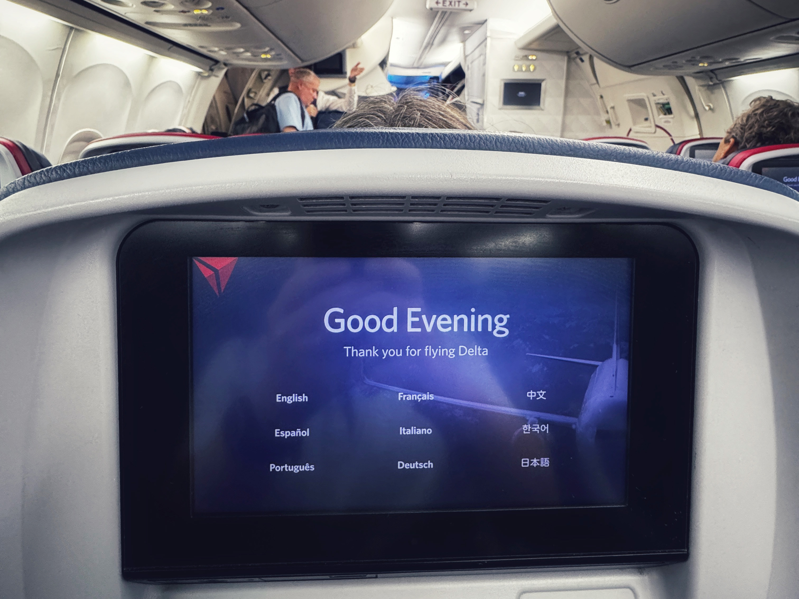 An in-flight entertainment screen on a Delta 757-200, waiting to leave Atlanta.