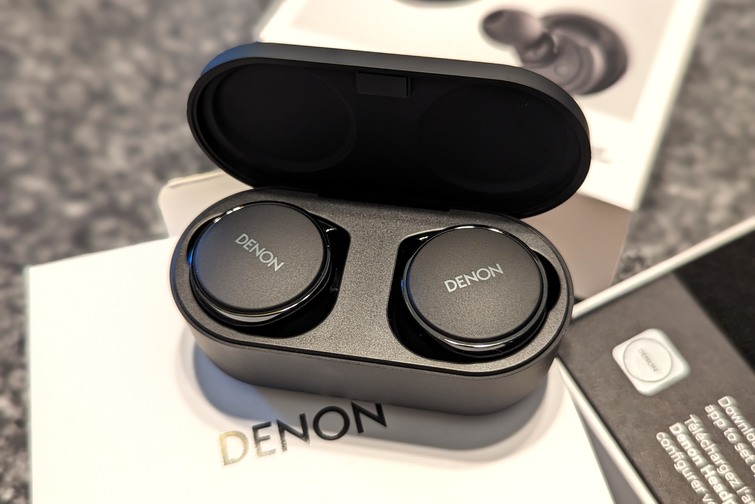 The Denon Perl Pro wireless earbuds.