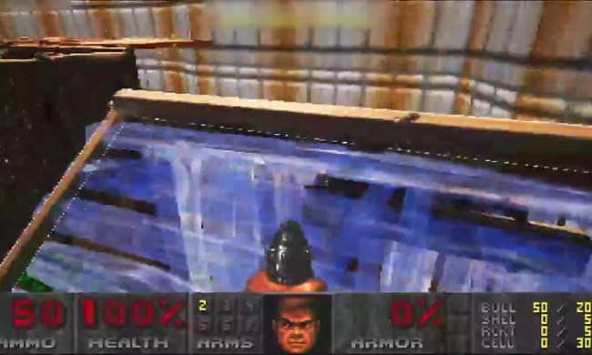 The original Doom UI, with Doomguy's avatar in the middle, underneath him holding a gun that looks like the original Doom. However, he's on top of a Fortnite platform.