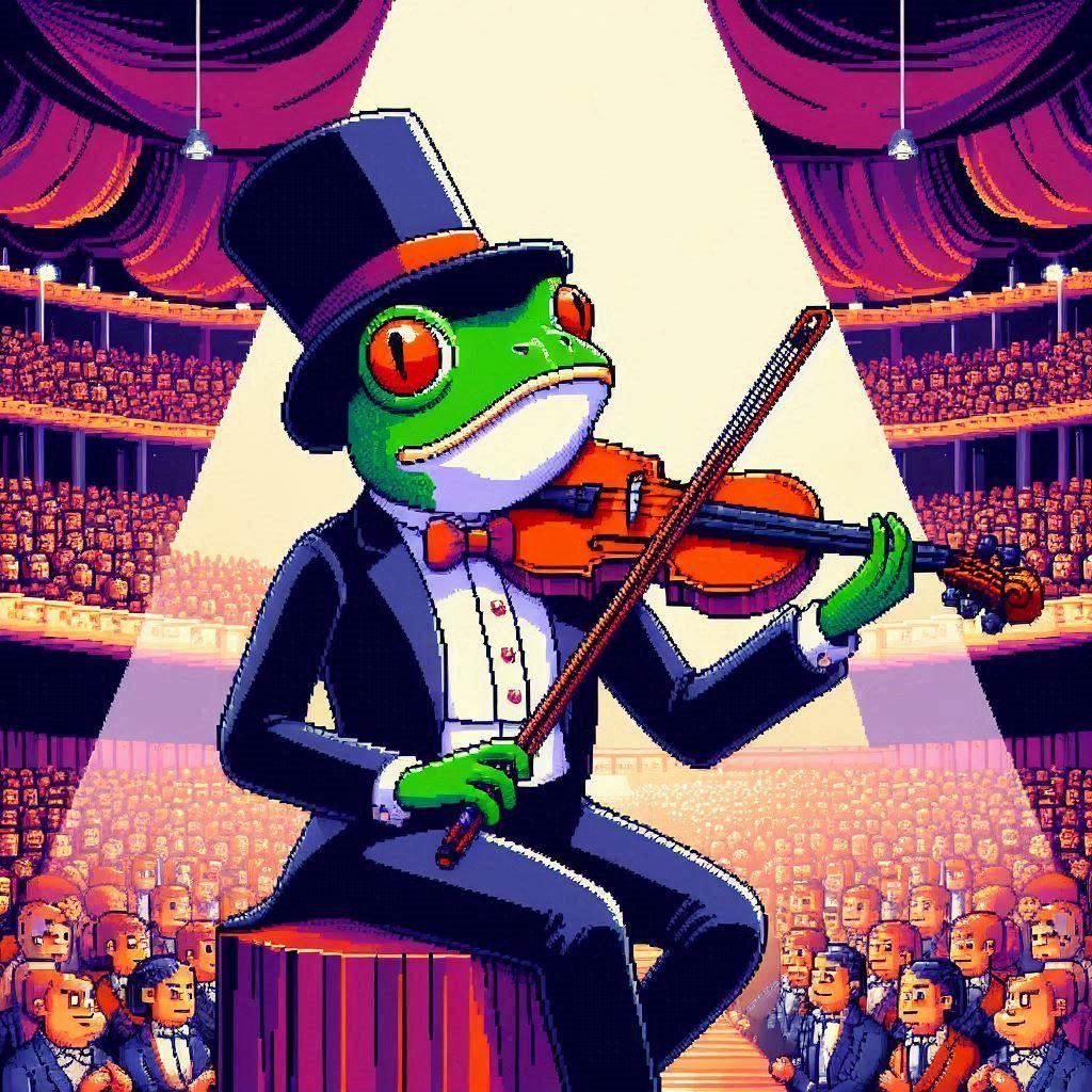 a frog playing violin in a packed concert hall, pixel art, AI generated