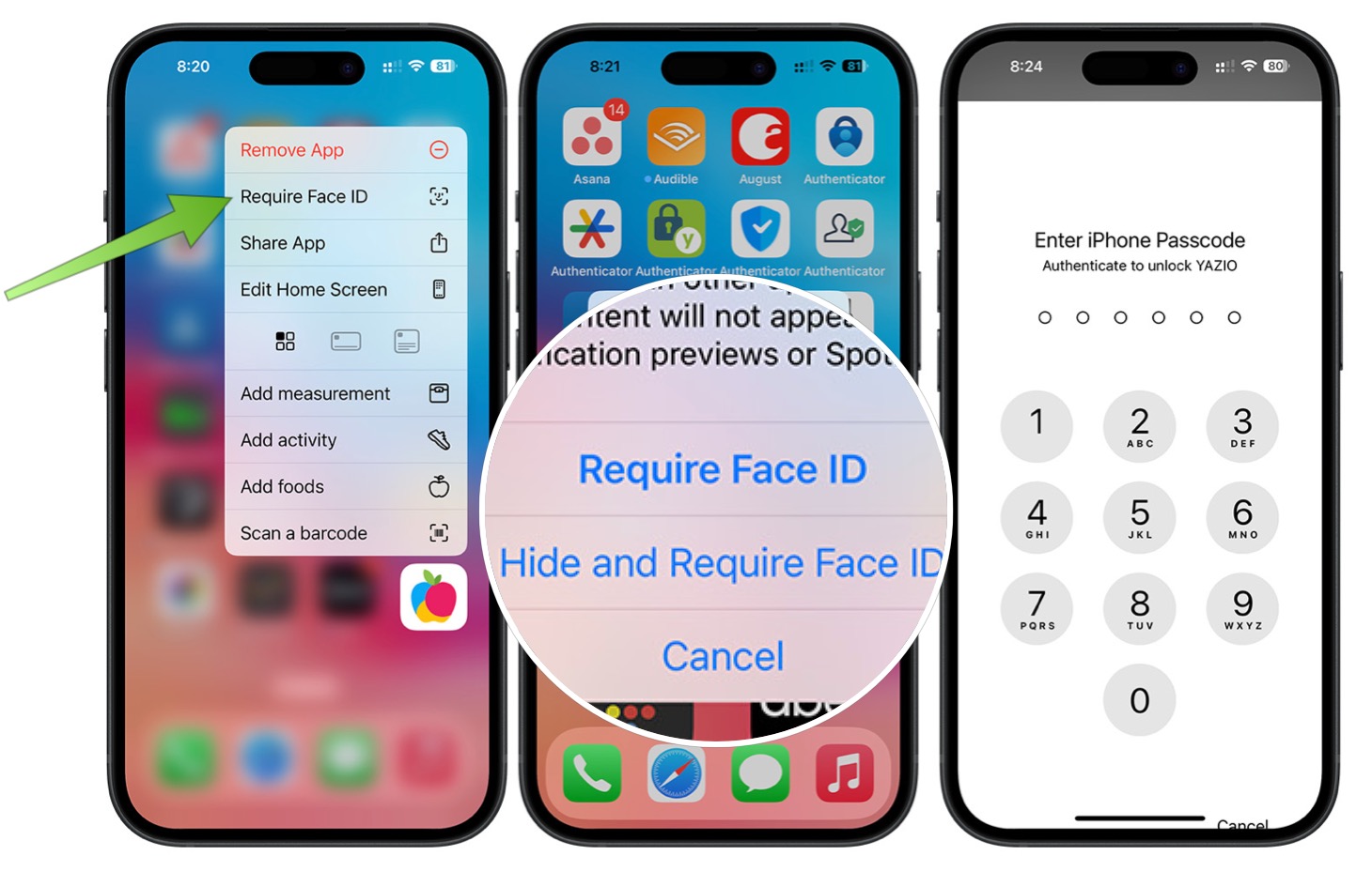 Captura de pantalla que muestra cómo solicitar Face ID para abrir una aplicación en iOS 18.