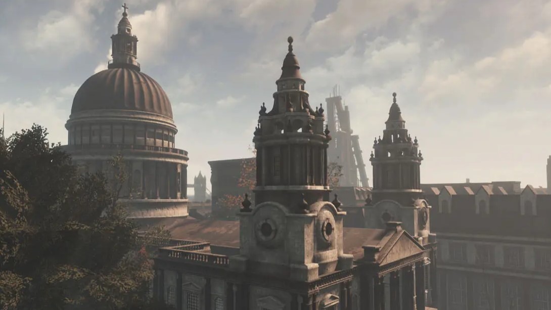 Algunos edificios sucios de Londres contra un cielo gris en Fallout London.