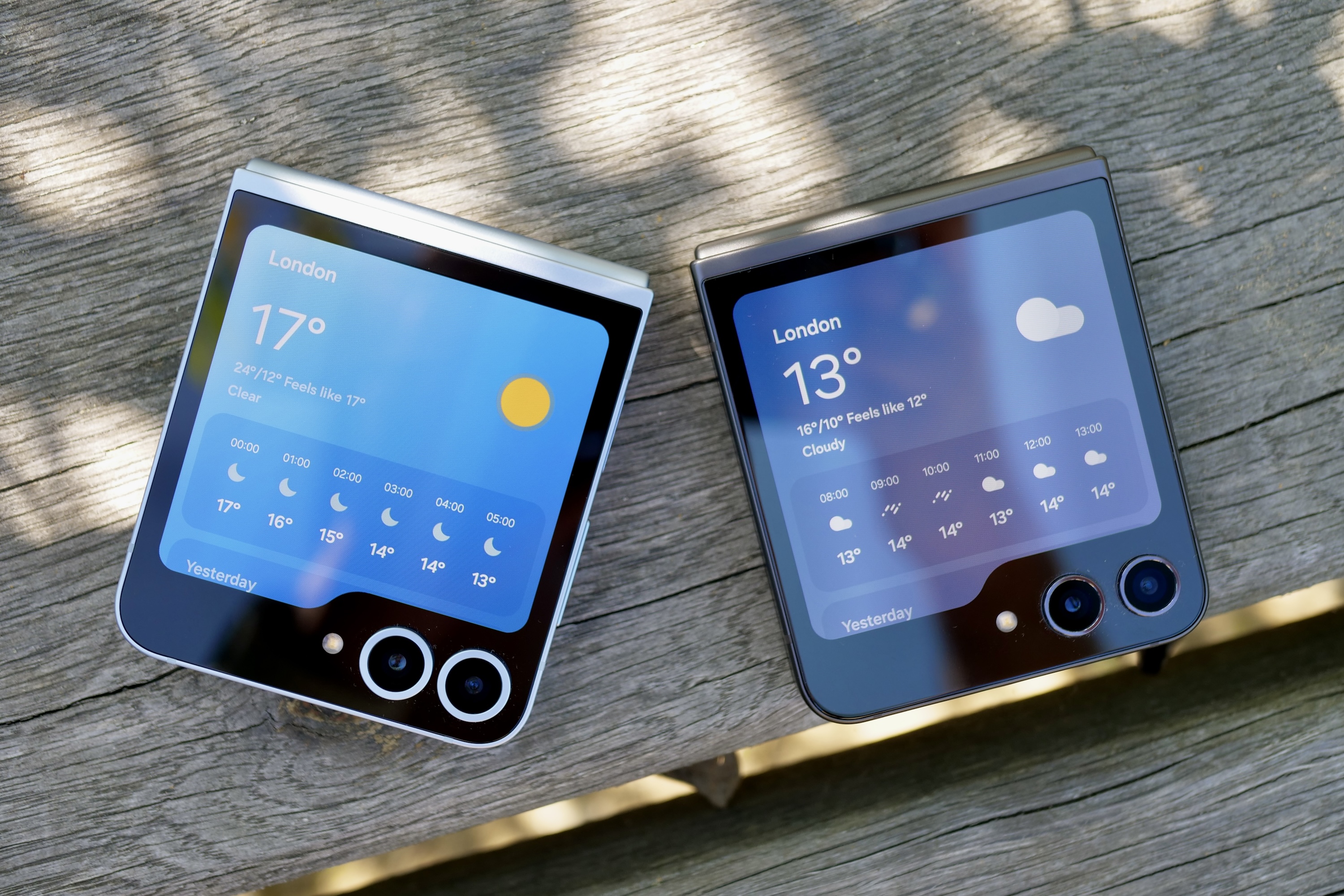 The Samsung Galaxy Z Flip 6 and Galaxy Z Flip 5's weather apps.