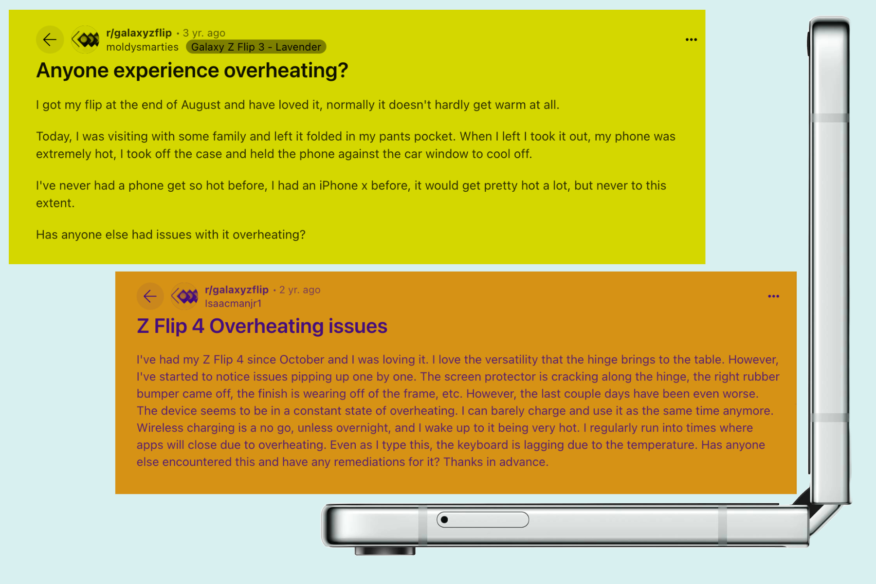 Complaint regarding heating woes on Galaxy Z Flip series phones.