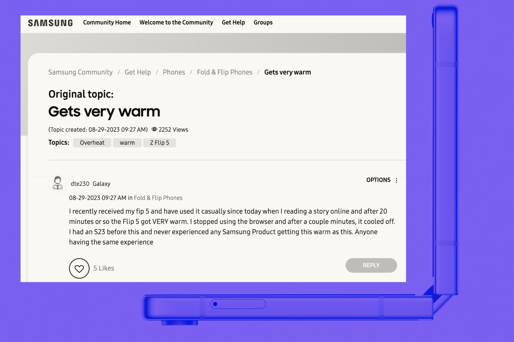 Complaint regarding heating woes on Galaxy Z Flip series phones.