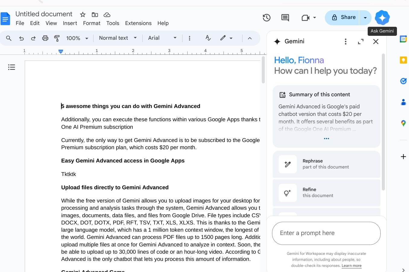 Einfacher Zugriff auf Gemini Advanced in Google Apps