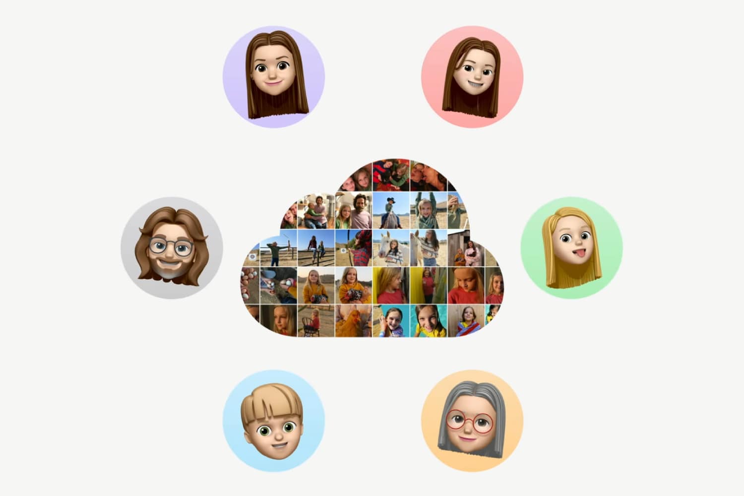 O logotipo do iCloud cercado por vários Memoji.