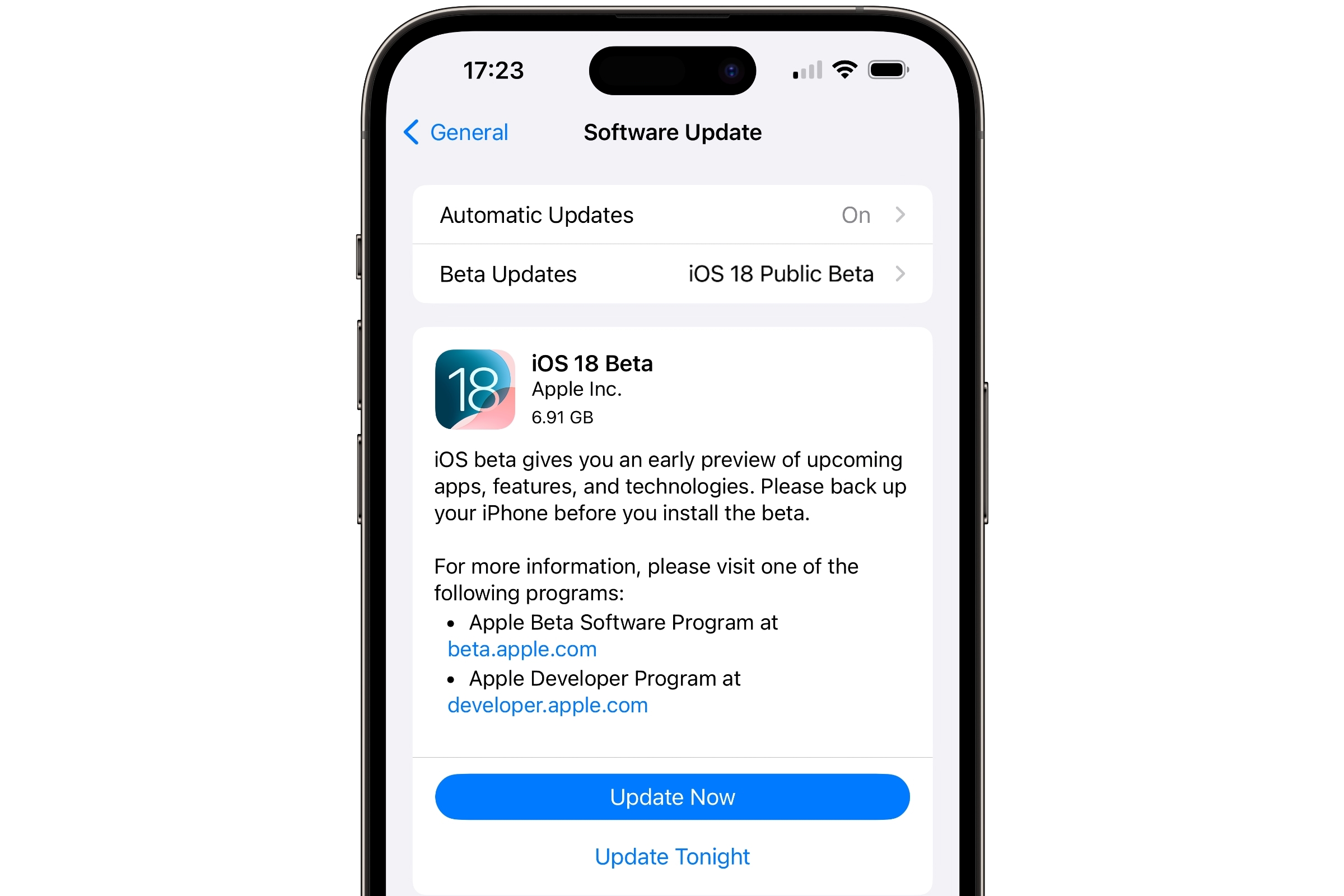 iPhone showing iOS 18 Public Beta Software Update.