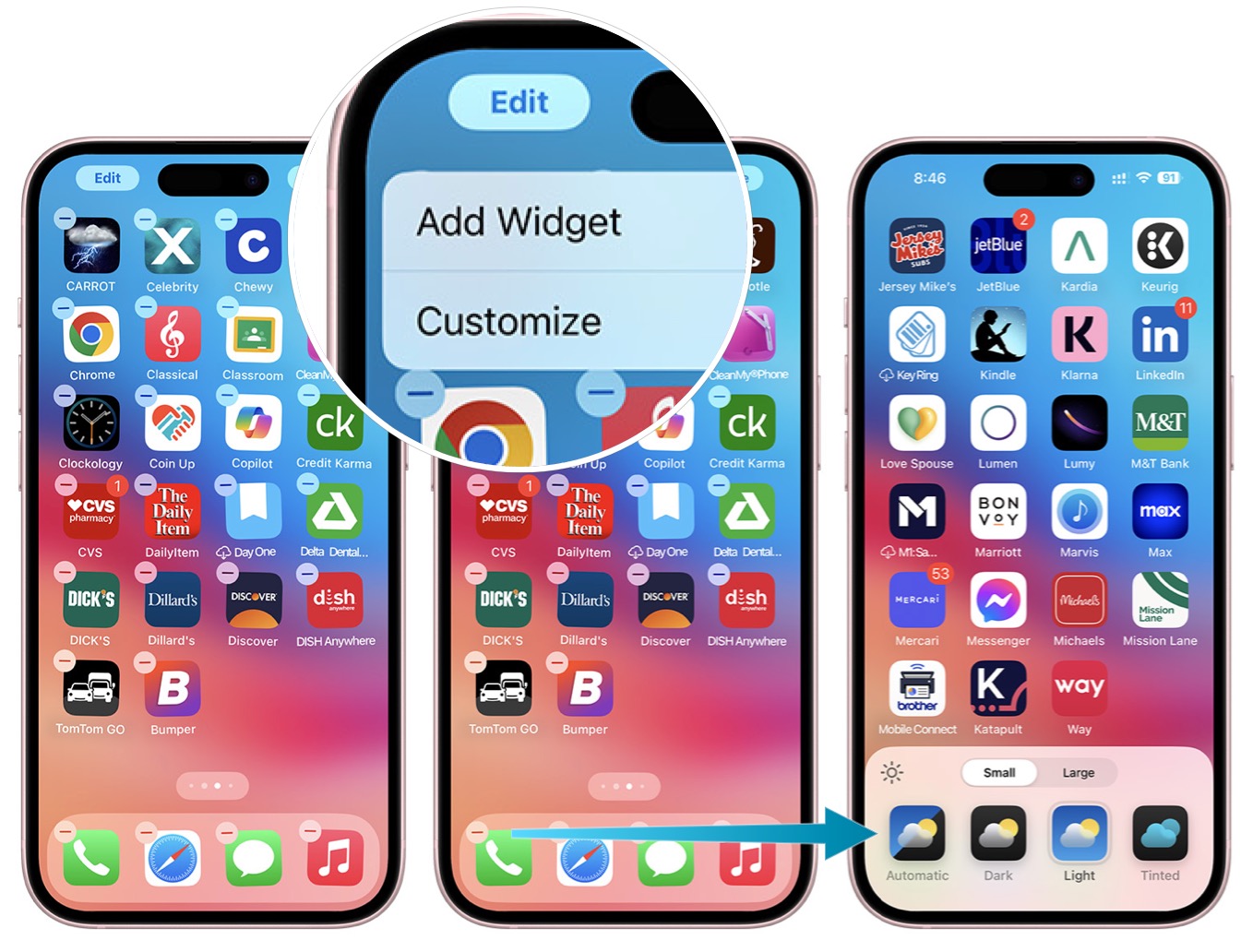 Outils de personnalisation sous iOS 18 sur un iPhone 15.