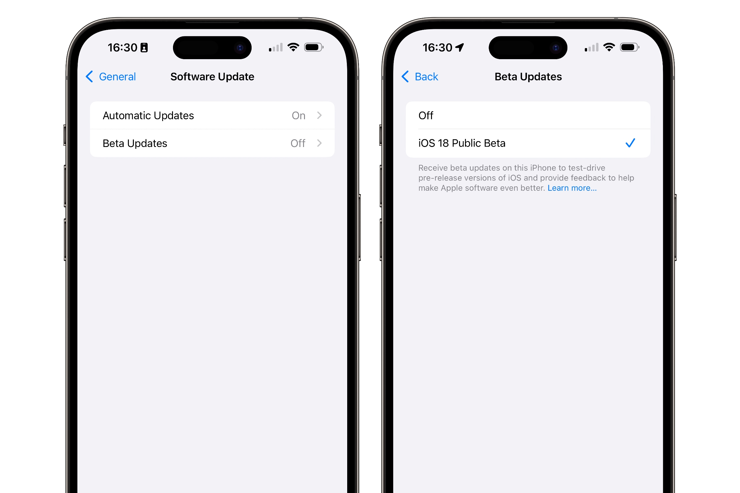 iPhones affichant les paramètres permettant d’activer les mises à jour de la version bêta publique d’iOS 18.