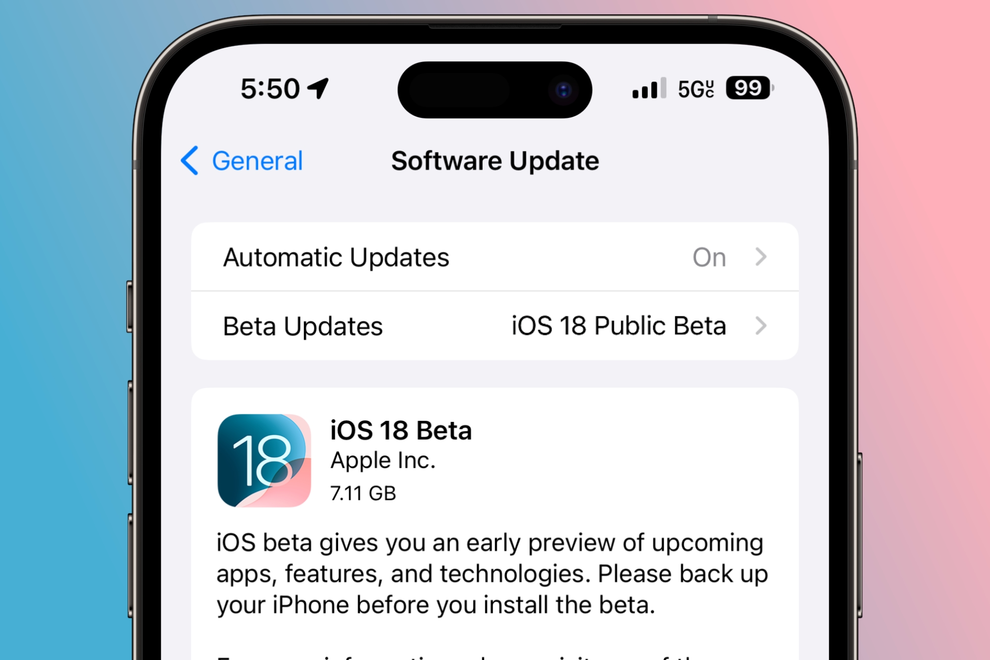 The Settings app on an iPhone showing the iOS 18 public beta.