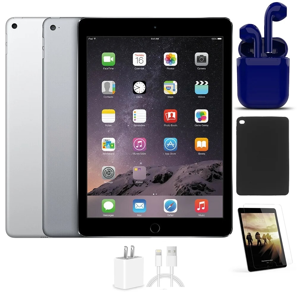 The iPad Air 9.7-inch with Apple A7 chip, USA Essentials wireless earbuds, an iPad case, and an iPad screen shield.