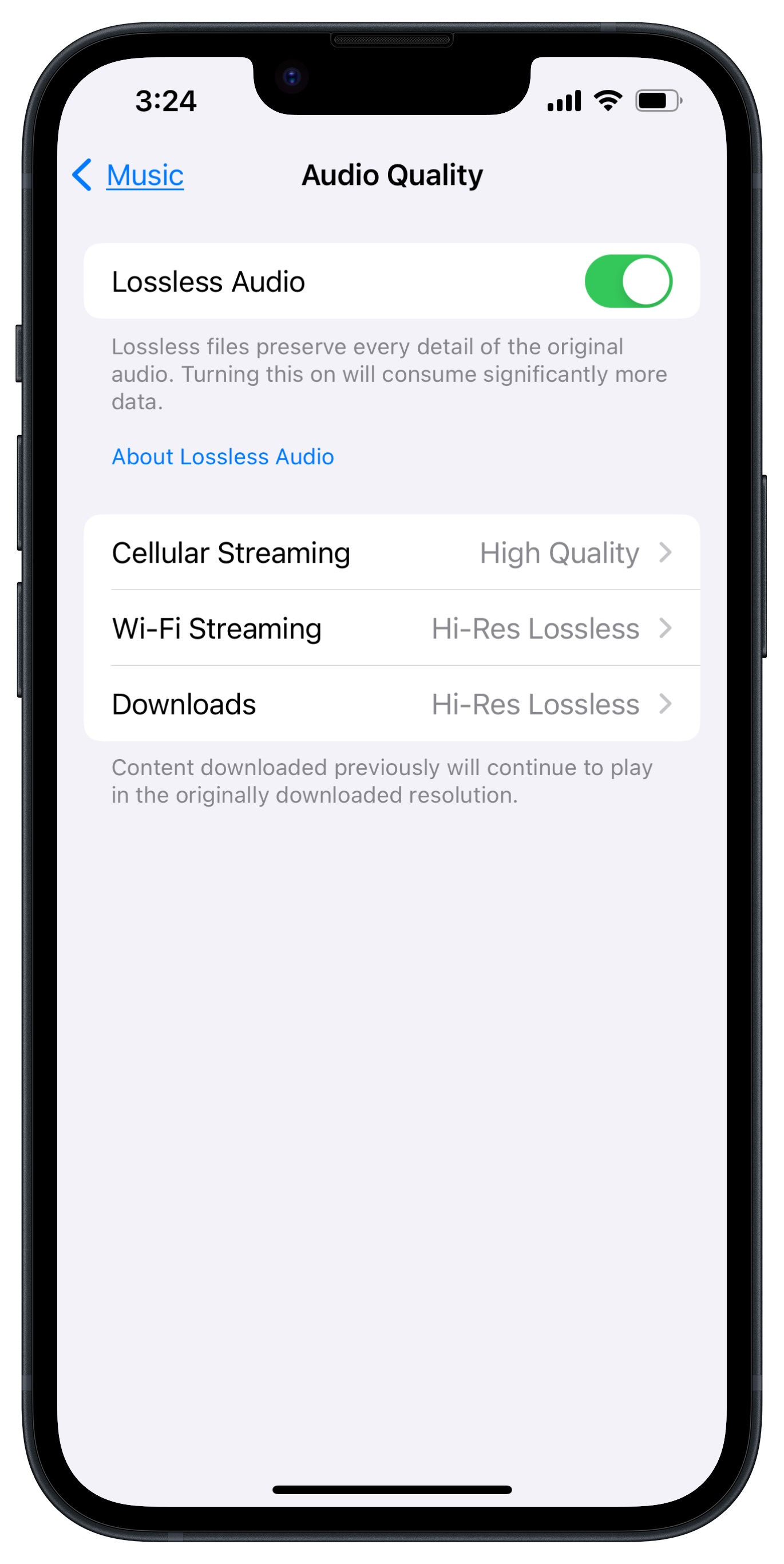 Configuración sin pérdida de Apple Music en iOS.