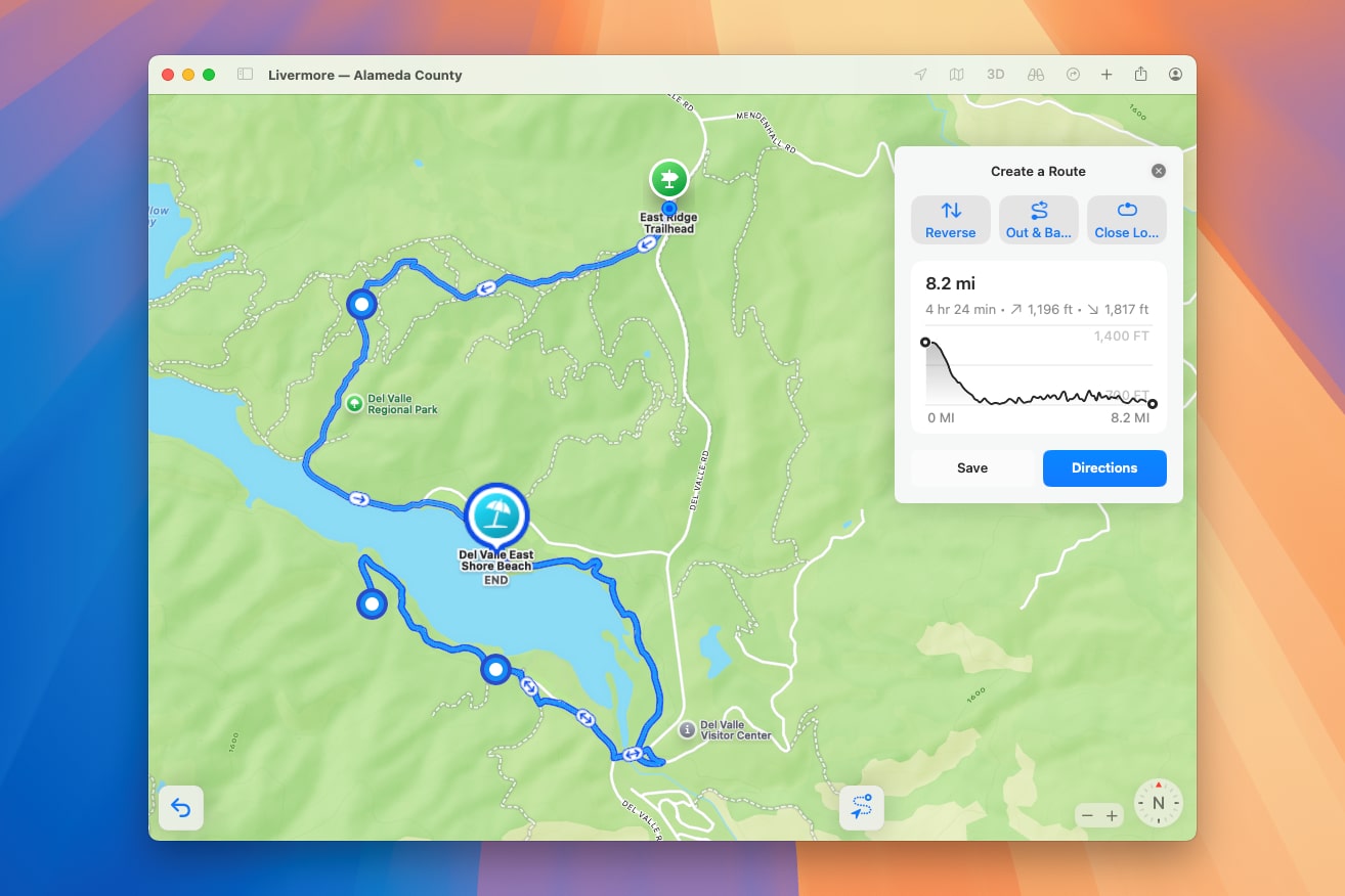 The Apple Maps app in macOS Sequoia, showing topographic details and a custom route.