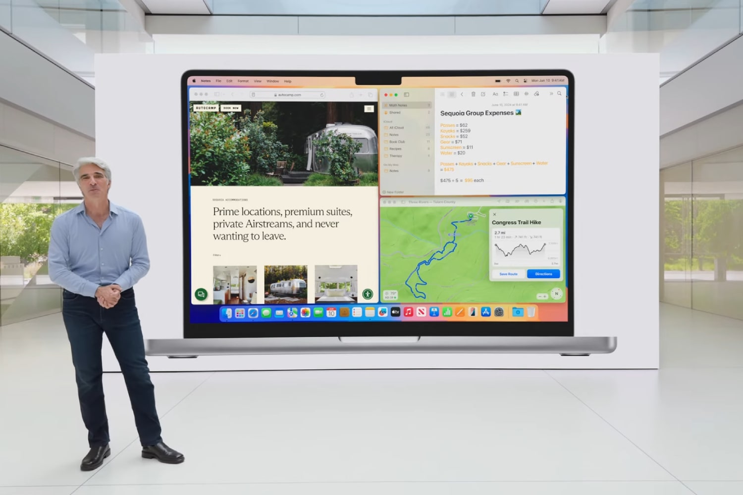 Apple's Craig Federighi introducing the new window tiling feature in macOS Sequoia at the Worldwide Developers Conference (WWDC) 2024.