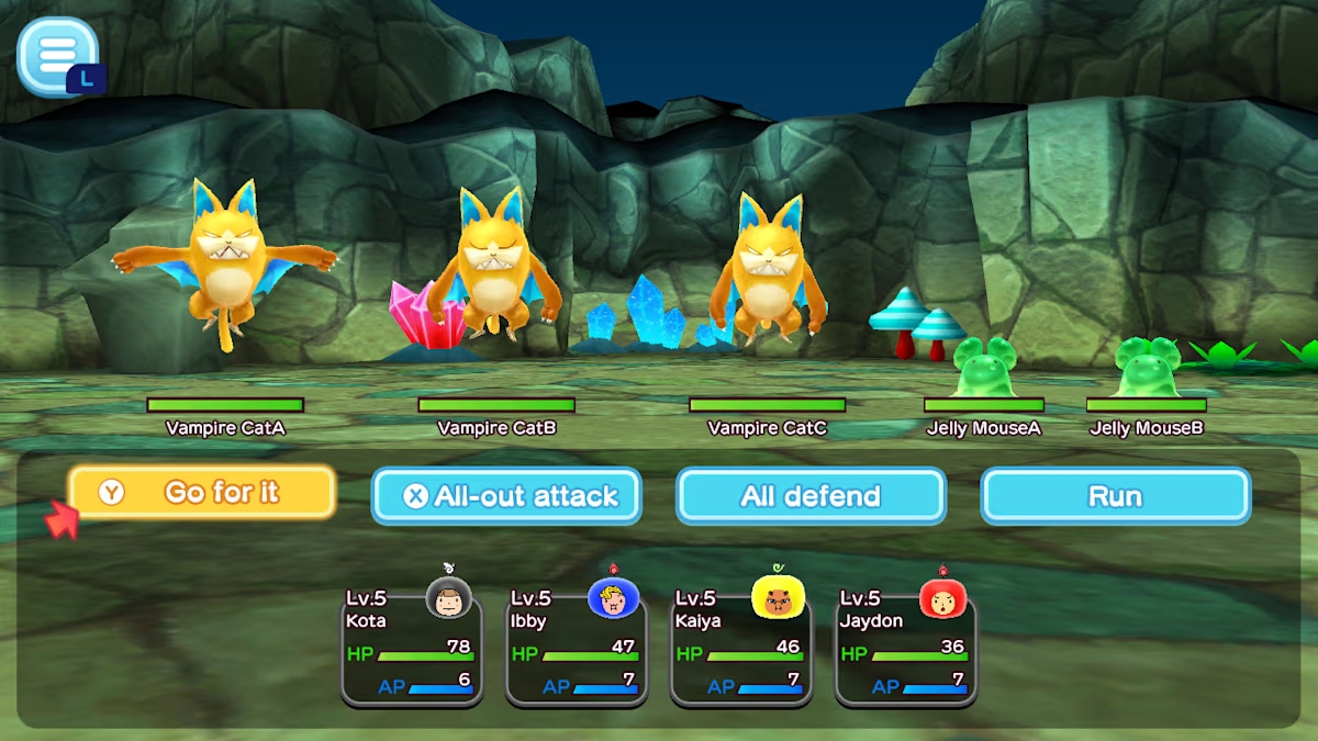 An RPG battle screen shows bats in The New Denpa Men.