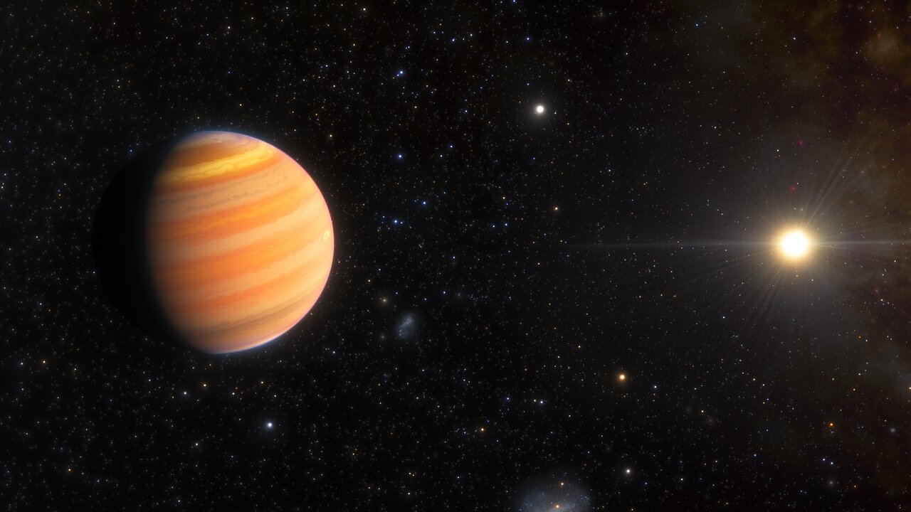Esta impresión artística muestra un exoplaneta similar a Júpiter que está en camino de convertirse en un Júpiter caliente, un gran exoplaneta similar a Júpiter que orbita muy cerca de su estrella. Utilizando el telescopio WIYN de 3,5 metros en el Observatorio Nacional Kitt Peak de la Fundación Nacional de Ciencias de EE. UU., un programa de NSF NOIRLab, un equipo de astrónomos descubrió que este exoplaneta, llamado TIC 241249530 b, sigue una órbita extremadamente elíptica en la dirección opuesta a la rotación de su estrella anfitriona.