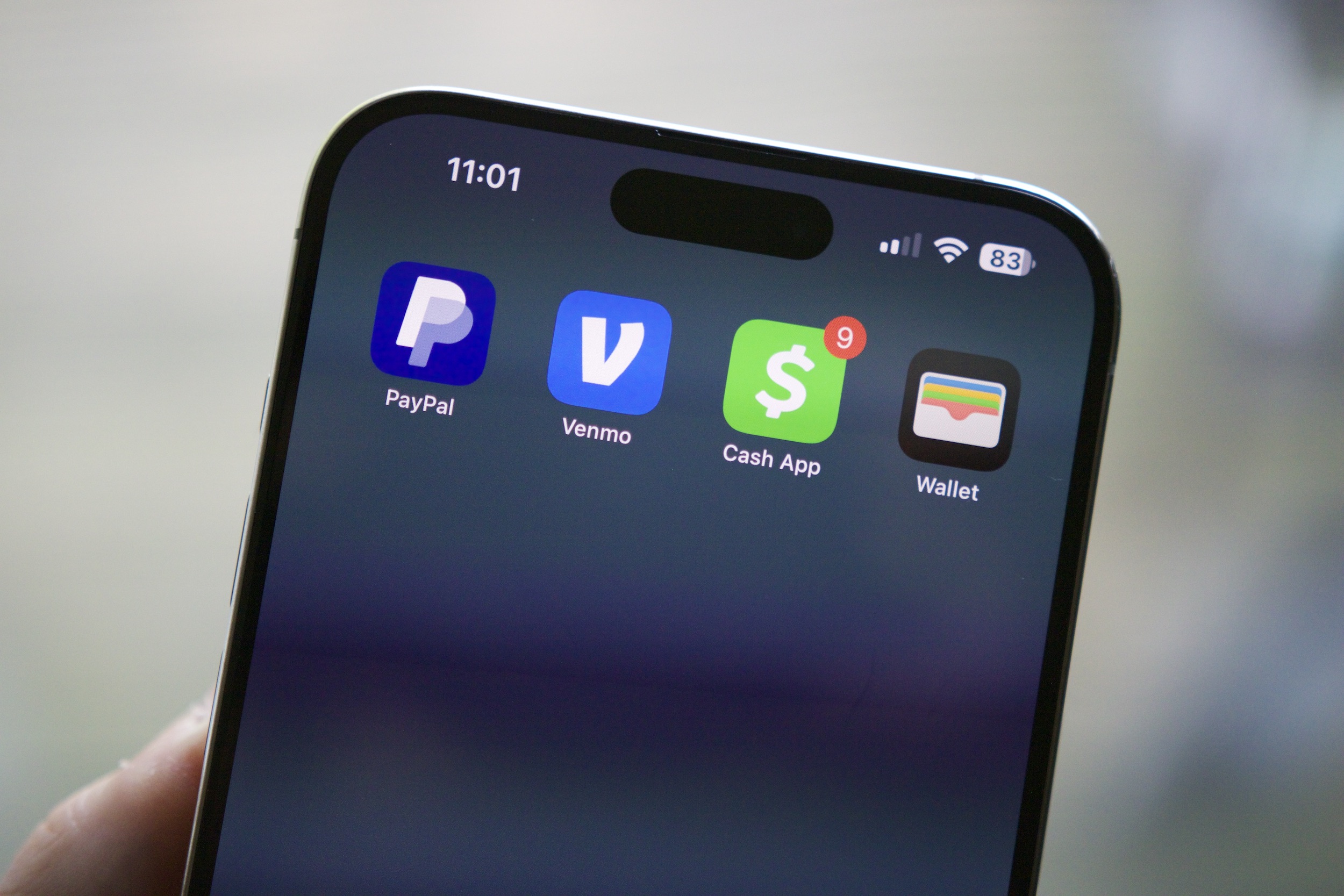 PayPal, Venmo, Cash App, and Apple Wallet apps on an iPhone.