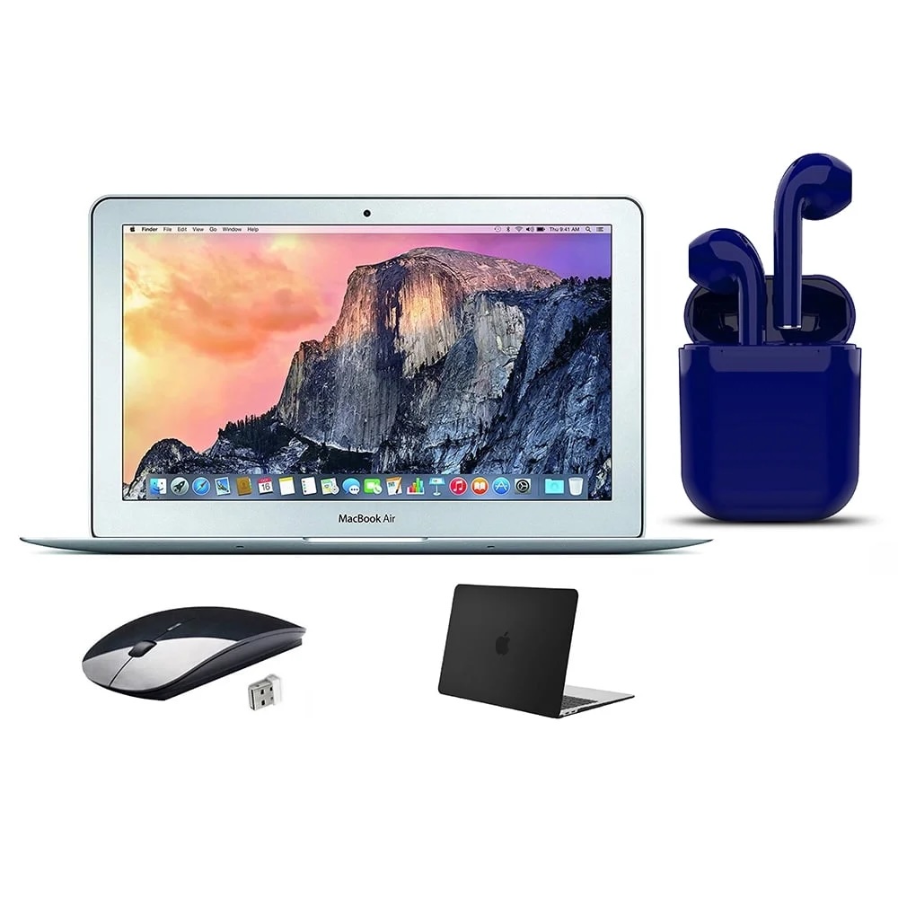 The restored 11.6-inch MacBook Air with earbuds and wireless mouse, as sold by Walmart.