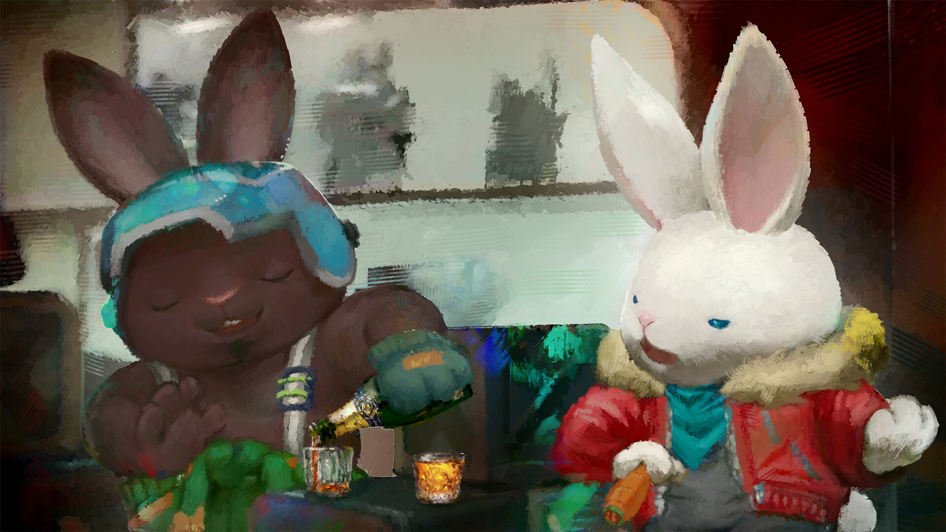 Two bunnies sit together in Rusty Rabbit.