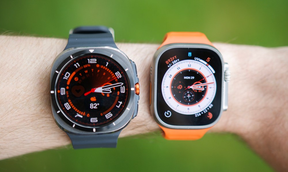 Someone wearing the Samsung Galaxy Watch Ultra and Apple Watch Ultra 2 on the same wrist.