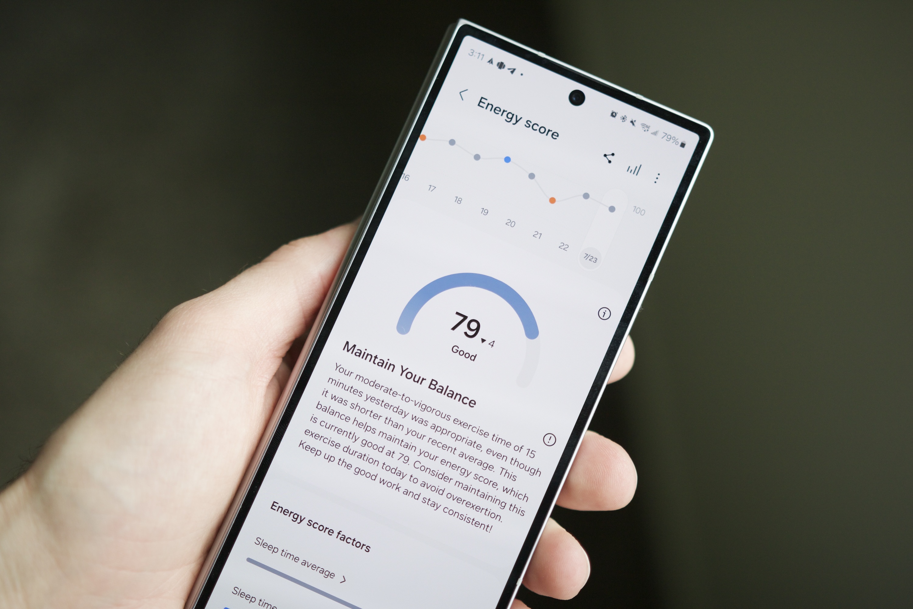 Funzionalità Punteggio energetico nell'app Samsung Health.