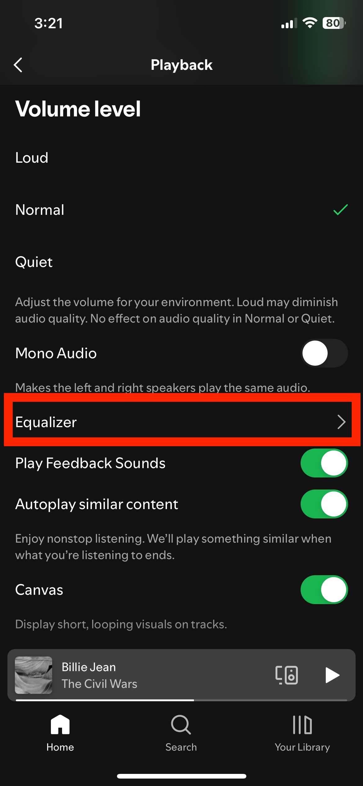 La opción Ecualizador resaltada en la aplicación Spotify para iOS.