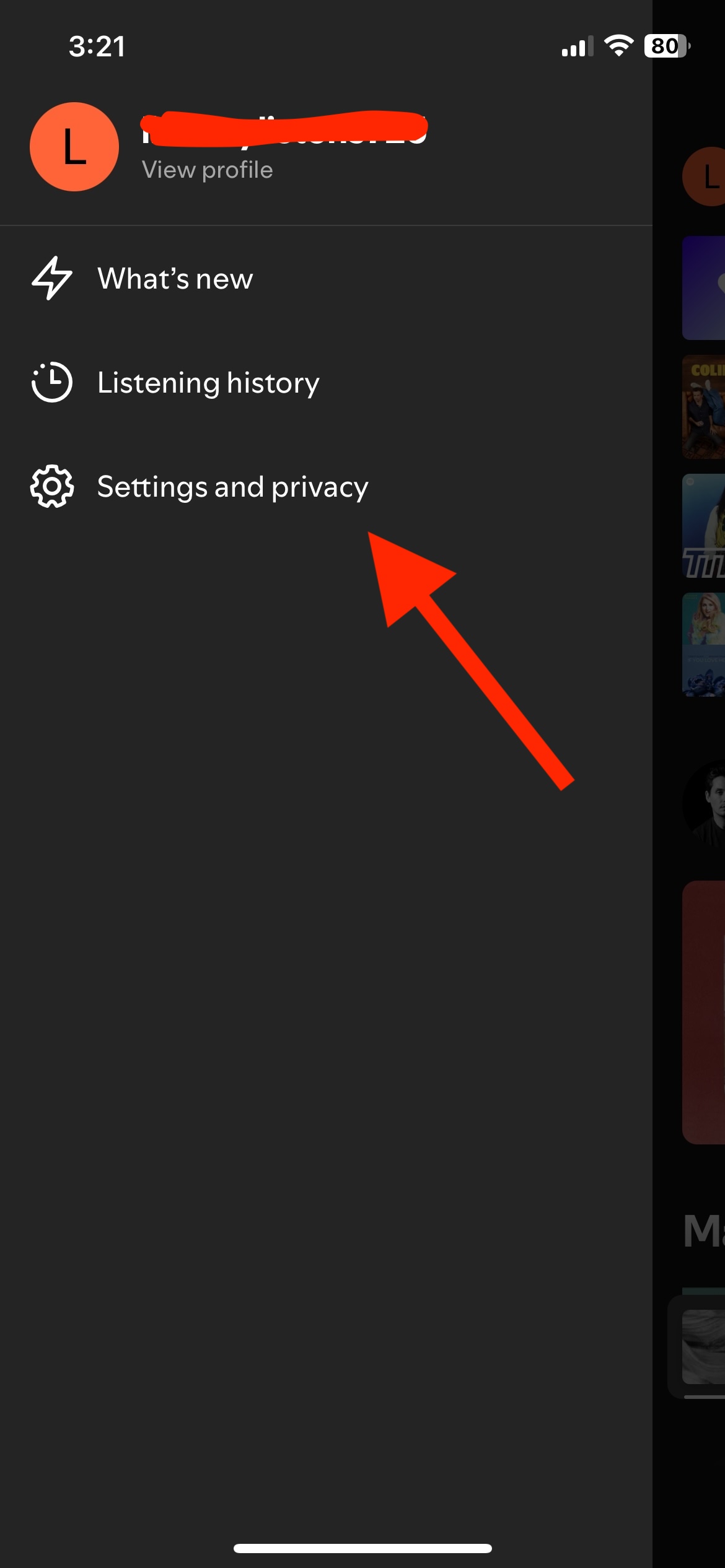 La opción Configuración y privacidad en la aplicación Spotify para iOS.