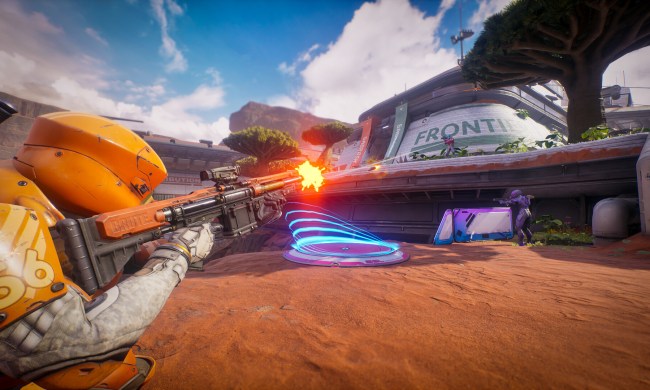 A soldier shooting in Splitgate 2.