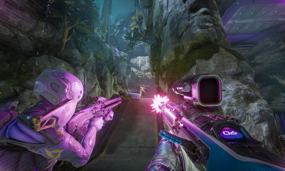 Two Splitgate soldiers shooting in a forest. The bullets are armor are pink.