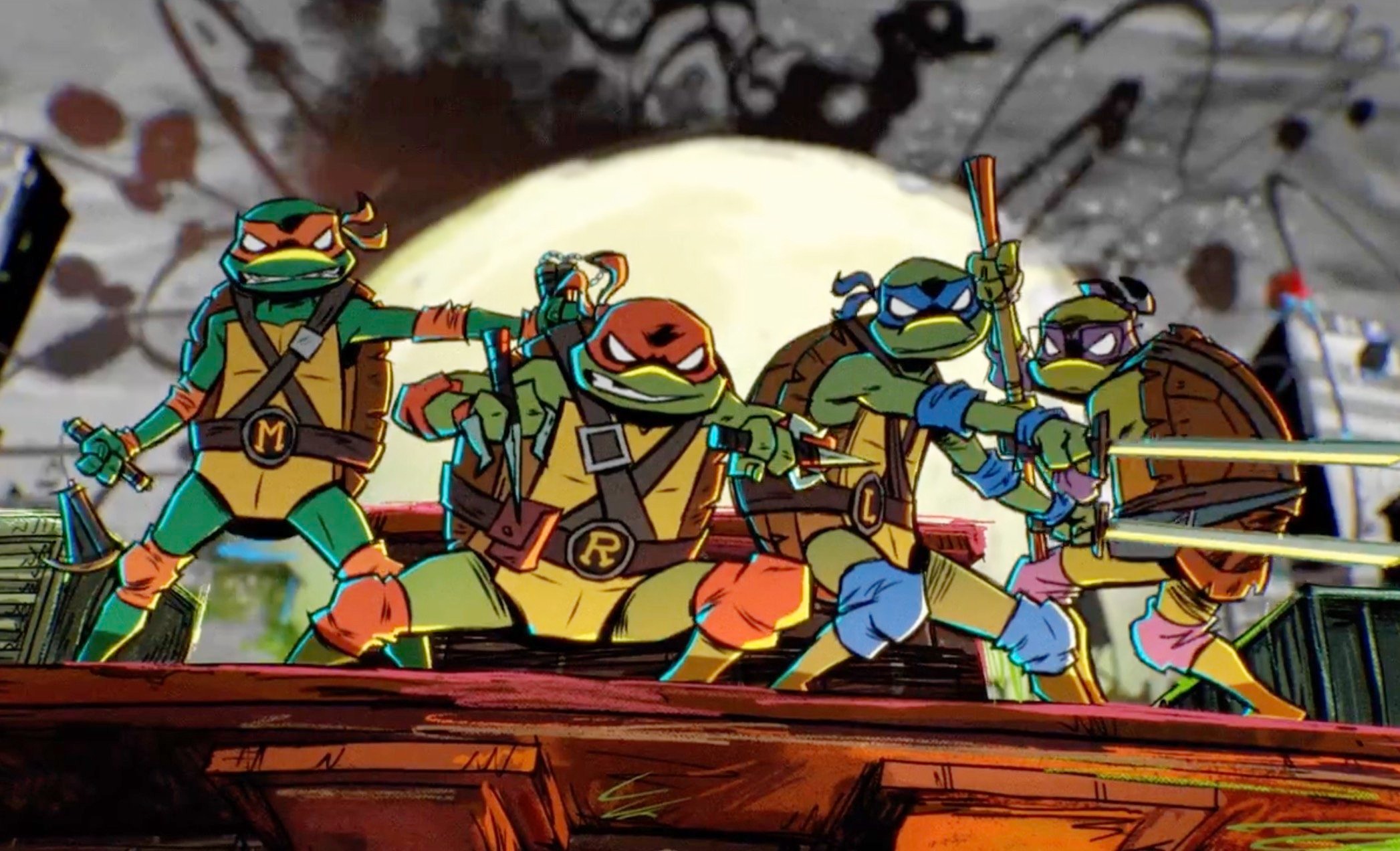 As Tartarugas se preparam para lutar em Tales of the Teenage Mutant Ninja Turtles.